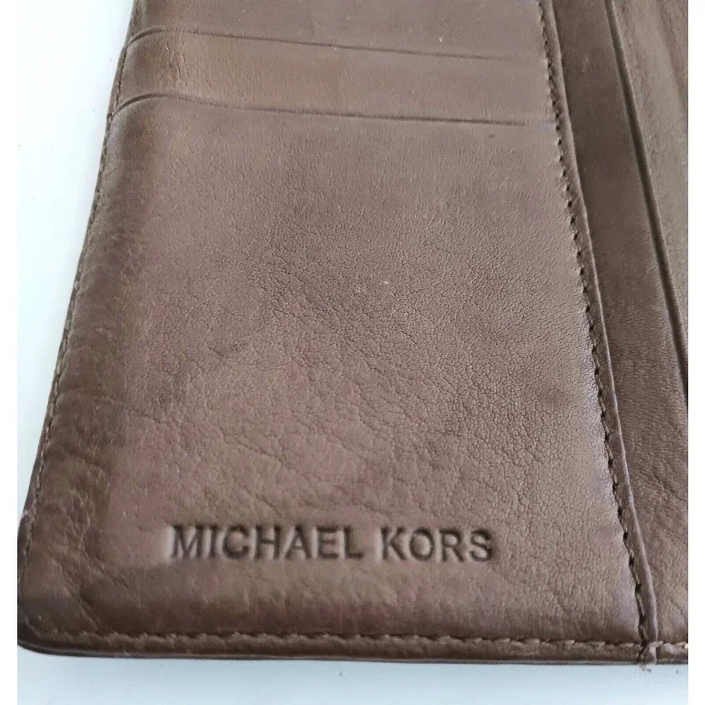 Michael Kors Brown Leather Brown Logo Jacquard Buckle Flap Rect Bi Fold Wallet